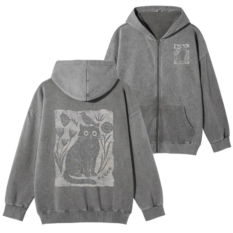 Tokyo-Tiger Folk Paper Cut Cat Bird Floral Art Washed Zip Hoodie