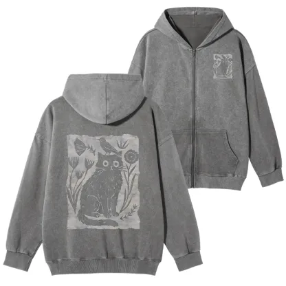 Tokyo-Tiger Folk Paper Cut Cat Bird Floral Art Washed Zip Hoodie