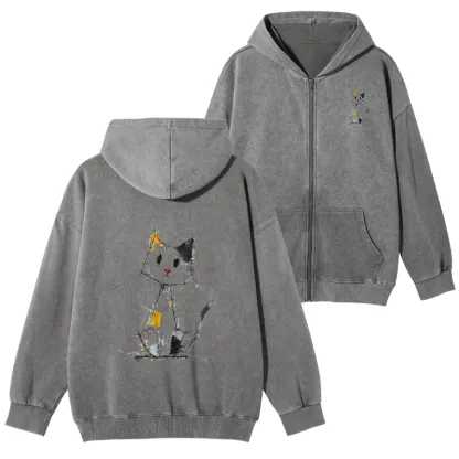 Tokyo-Tiger Minimal Splash Ink Cute Cat Washed Zip Hoodie