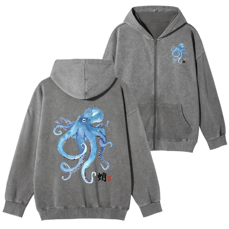 Tokyo-Tiger Watercolor Blue Octopus Washed Zip Hoodie