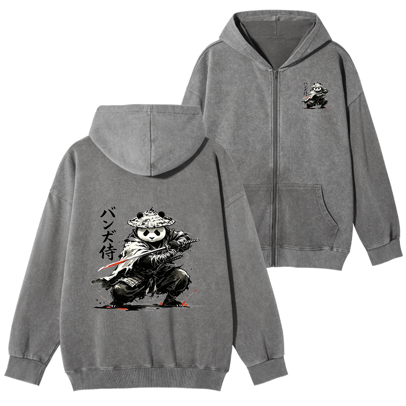 Tokyo-Tiger Panda Samurai Warrior Washed Zip Hoodie