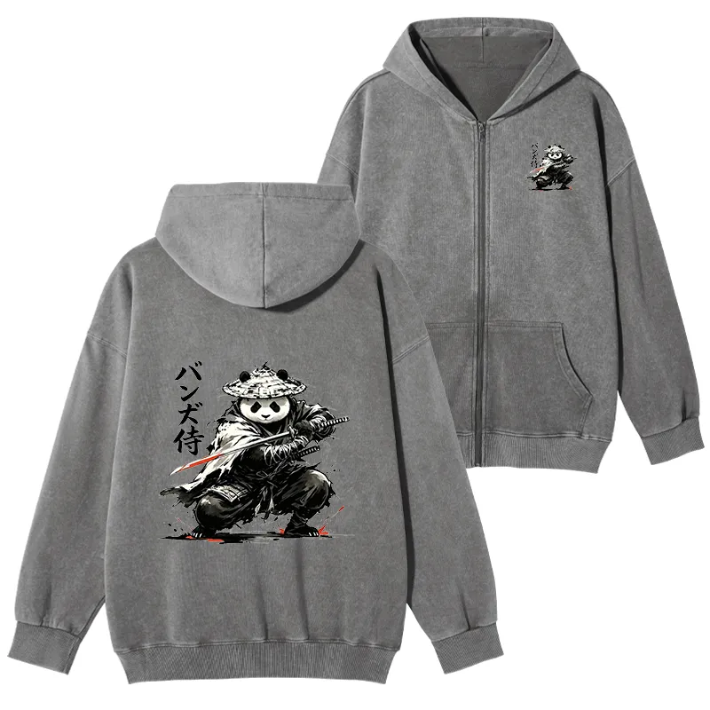 Tokyo-Tiger Panda Samurai Warrior Washed Zip Hoodie