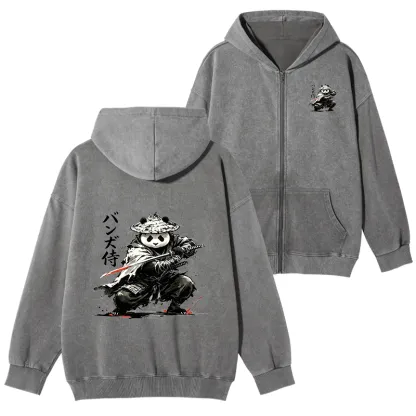 Tokyo-Tiger Panda Samurai Warrior Washed Zip Hoodie