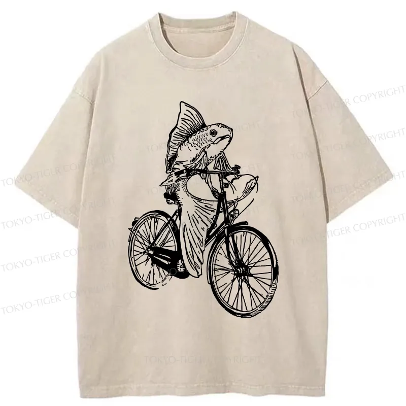 Tokyo-Tiger Funny Fish Riding A Bicycle Washed T-Shirt