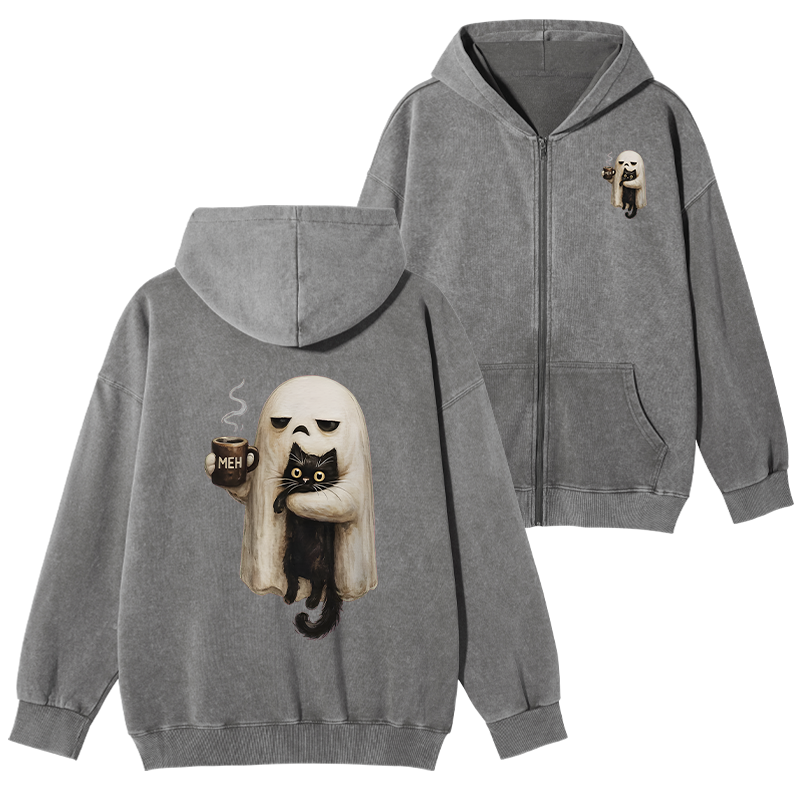 Tokyo-Tiger Ghost Cat Coffee Mood Washed Zip Hoodie