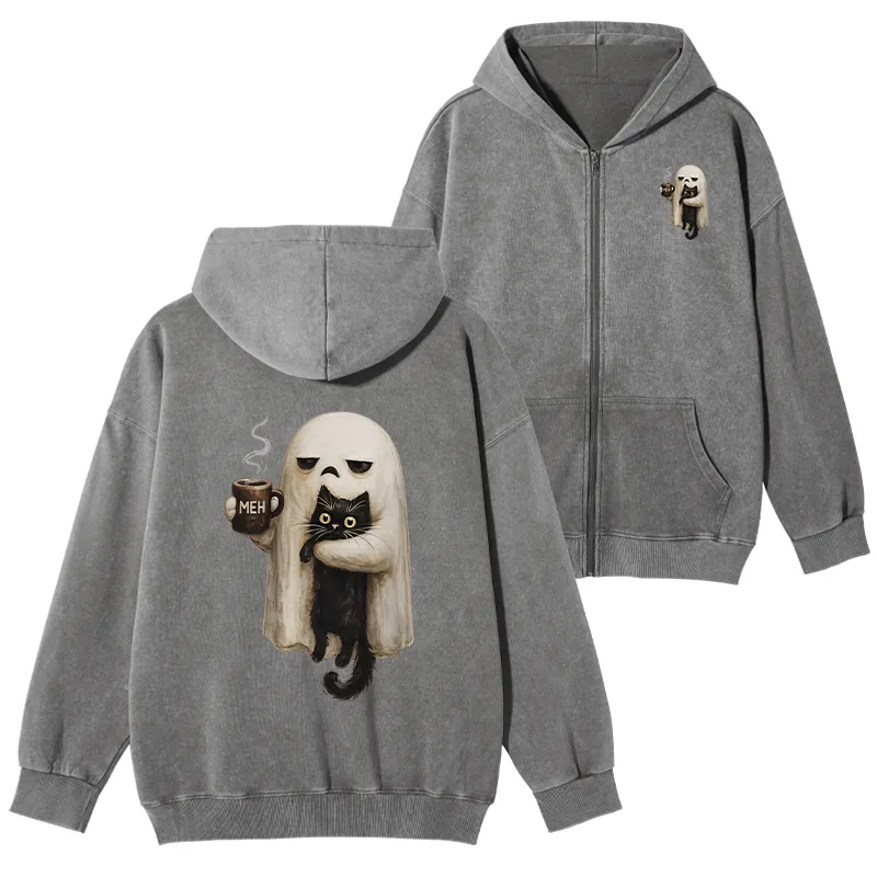 Tokyo-Tiger Ghost Cat Coffee Mood Washed Zip Hoodie