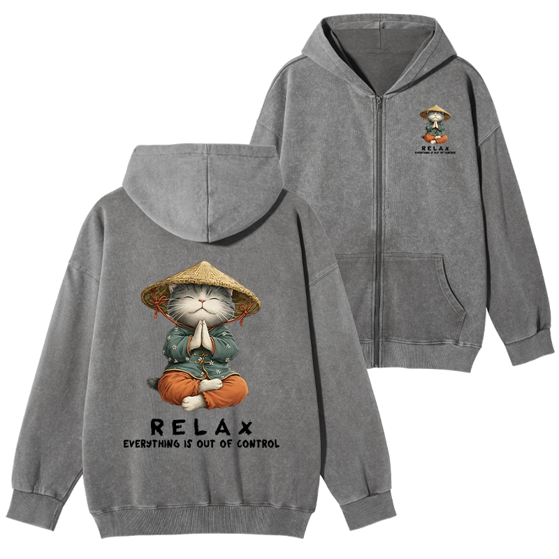 Tokyo-Tiger Zen Relax Cat Graphic Washed Zip Hoodie