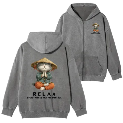 Tokyo-Tiger Zen Relax Cat Graphic Washed Zip Hoodie
