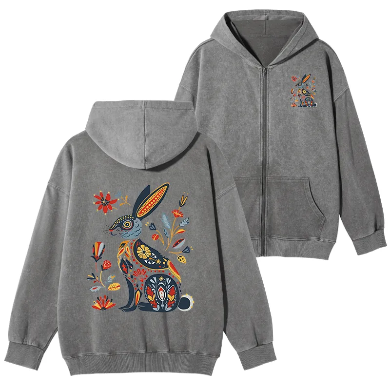 Tokyo-Tiger Folk Hare Bloom Washed Zip Hoodie