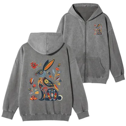 Tokyo-Tiger Folk Hare Bloom Washed Zip Hoodie
