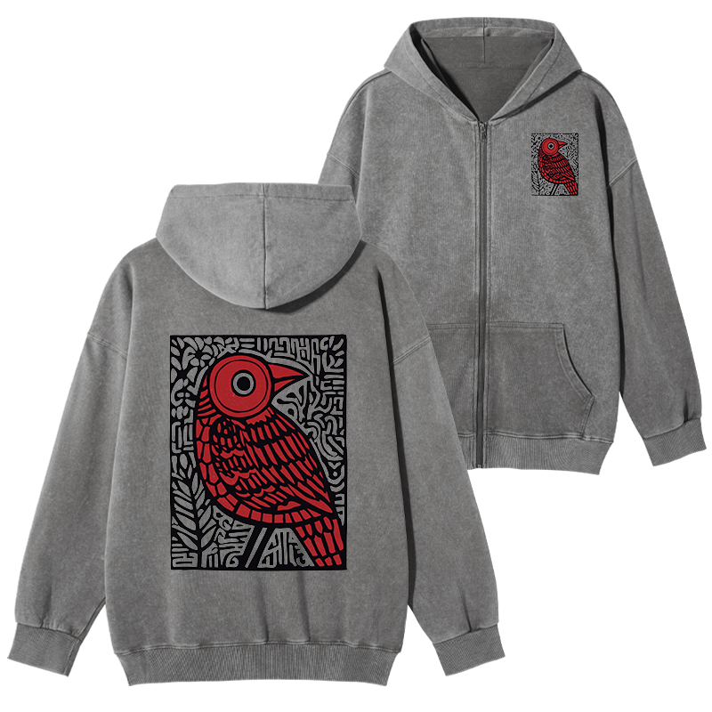 Tokyo-Tiger Retro Woodblock Bird Washed Zip Hoodie