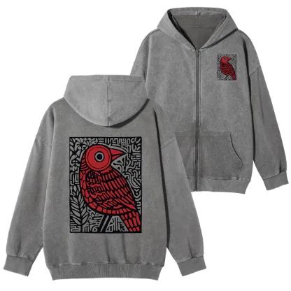 Tokyo-Tiger Retro Woodblock Bird Washed Zip Hoodie