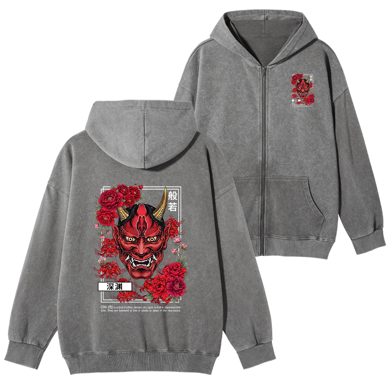 Tokyo-Tiger Cool Oni Floral Art Washed Zip Hoodie