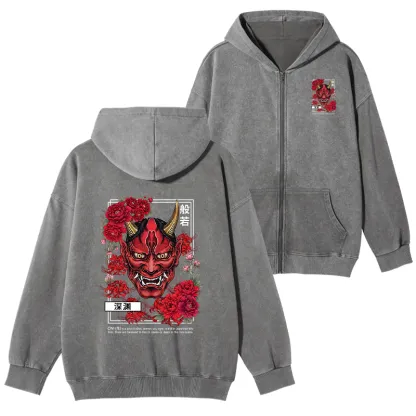 Tokyo-Tiger Cool Oni Floral Art Washed Zip Hoodie
