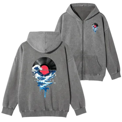 Tokyo-Tiger Vinyl Records And Waves Washed Zip Hoodie