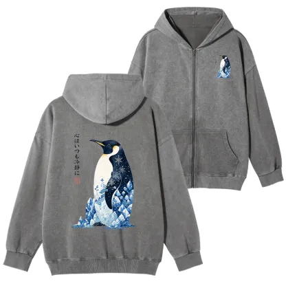 Tokyo-Tiger Keep Calm Penguin Washed Zip Hoodie