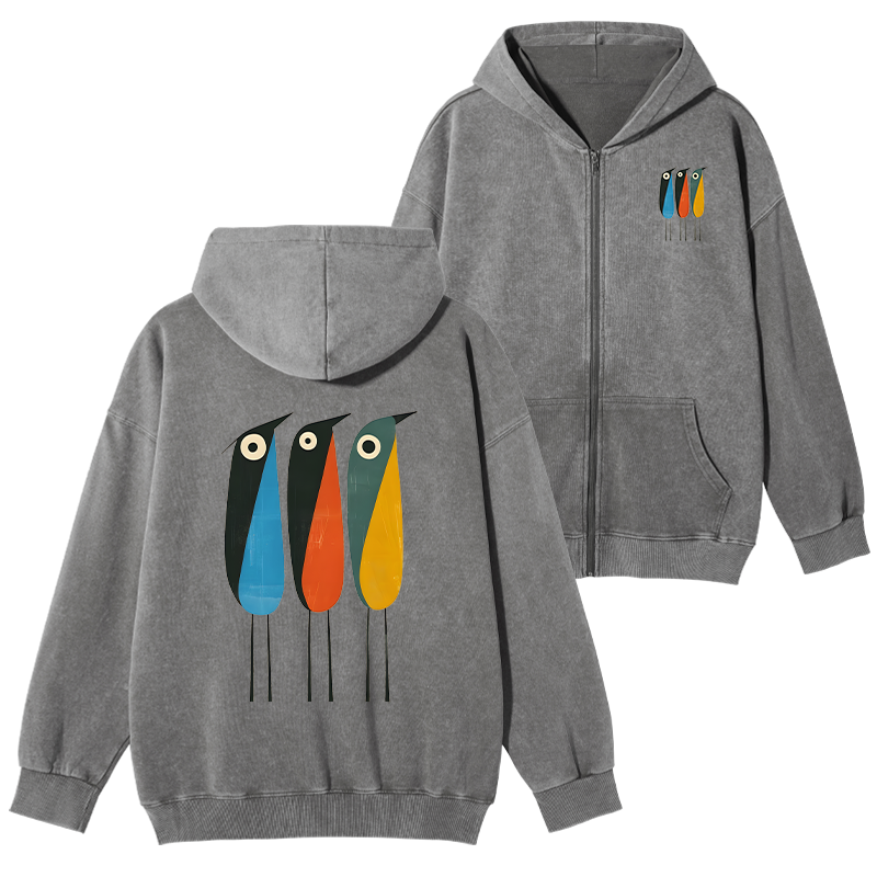 Tokyo-Tiger Bold Shape Birds Washed Zip Hoodie
