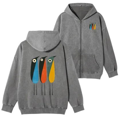 Tokyo-Tiger Bold Shape Birds Washed Zip Hoodie