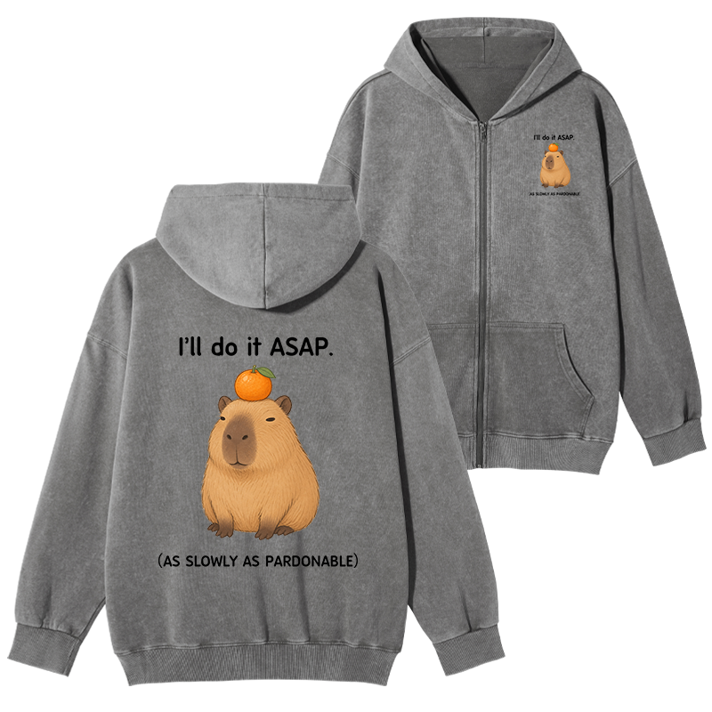 Tokyo-Tiger Slow Task Capybara Meme Washed Zip Hoodie