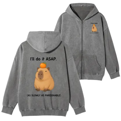 Tokyo-Tiger Slow Task Capybara Meme Washed Zip Hoodie