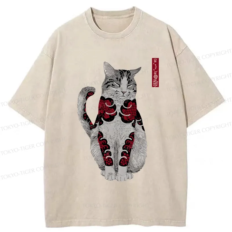 Tokyo-Tiger Tattooed Cat Washed T-Shirt