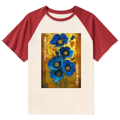 Tokyo-Tiger Shiny Blue Flower Warm Golden Background Raglan T-shirt