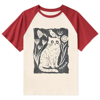 Tokyo-Tiger Folk Paper Cut Cat Bird Floral Art Raglan T-shirt