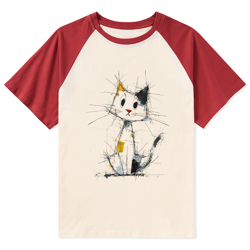Tokyo-Tiger Minimal Splash Ink Cute Cat Raglan T-shirt