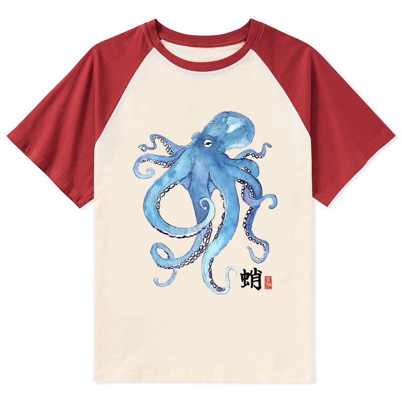 Tokyo-Tiger Watercolor Blue Octopus Raglan T-shirt