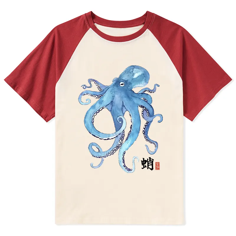 Tokyo-Tiger Watercolor Blue Octopus Raglan T-shirt