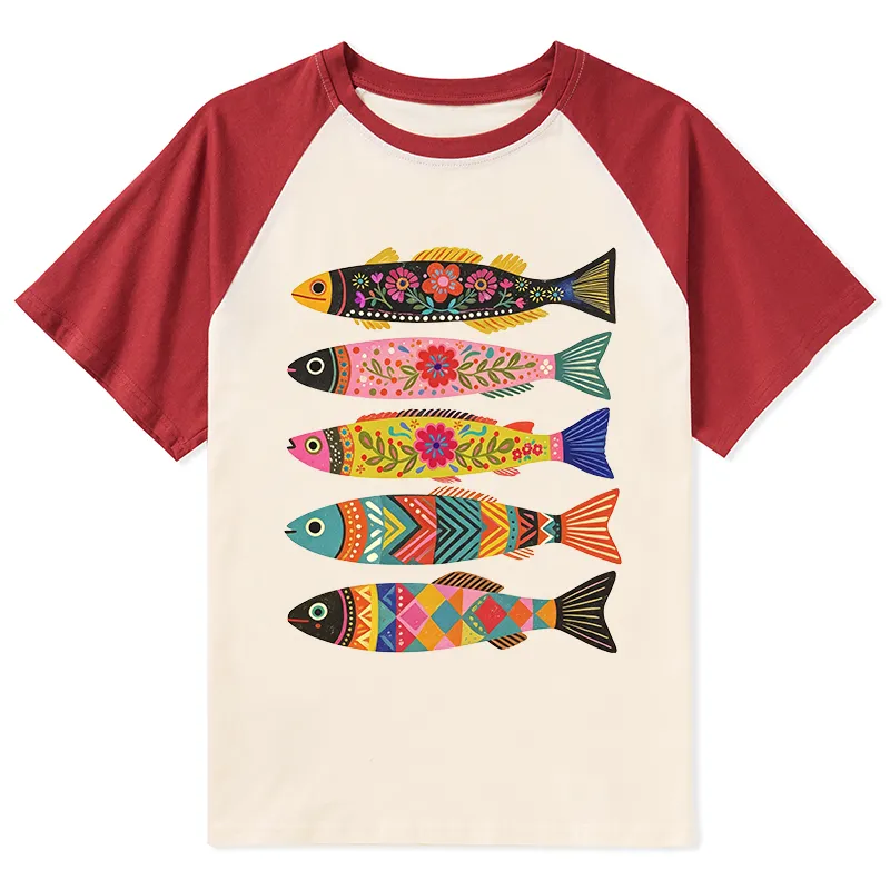 Tokyo-Tiger Colorful Patterned Fish Raglan T-shirt