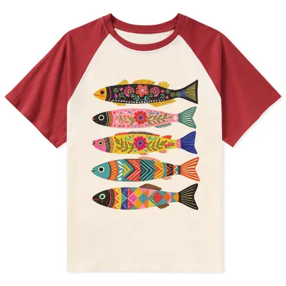 Tokyo-Tiger Colorful Patterned Fish Raglan T-shirt