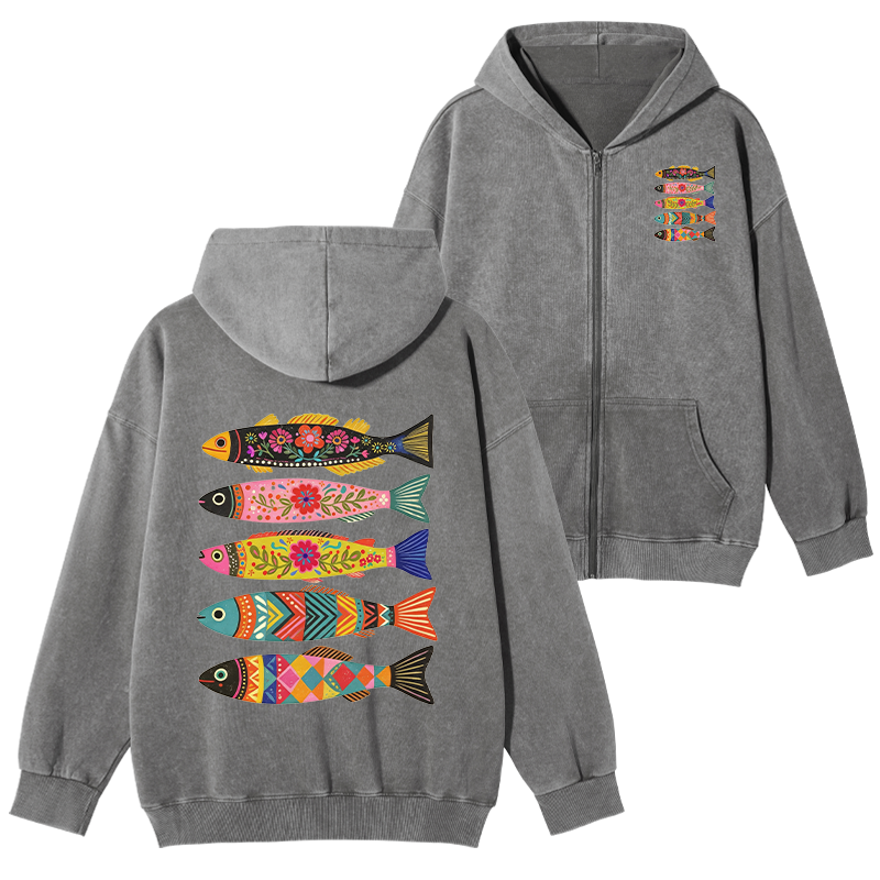 Tokyo-Tiger Colorful Patterned Fish Washed Zip Hoodie