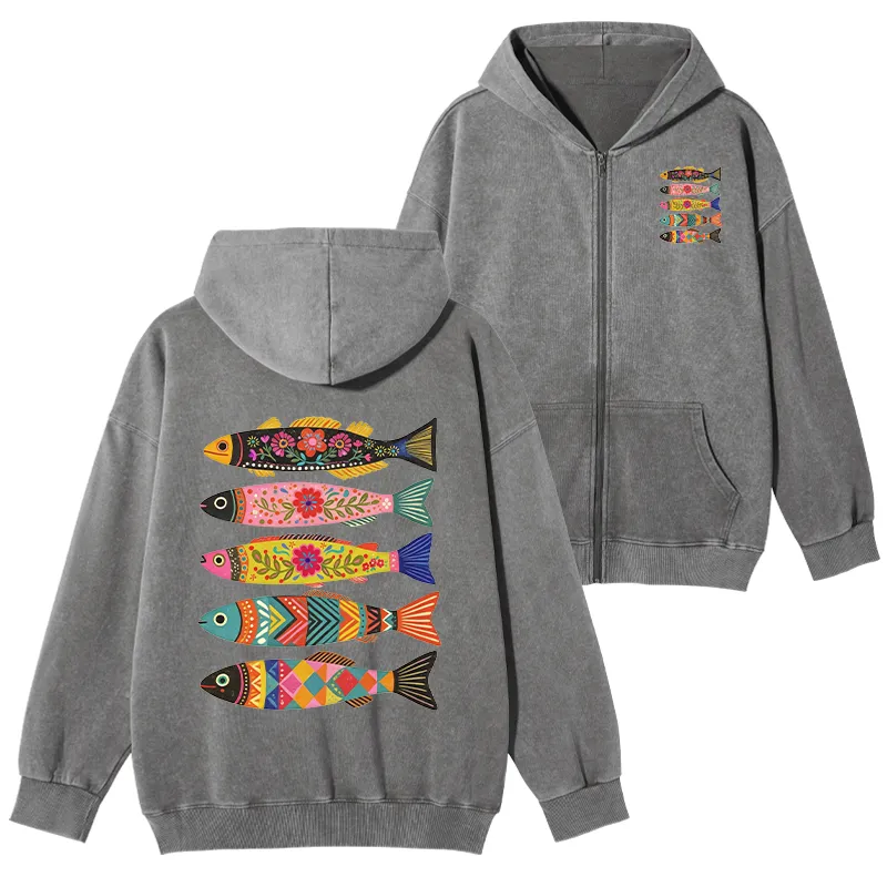 Tokyo-Tiger Colorful Patterned Fish Washed Zip Hoodie