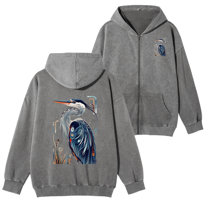 Tokyo-Tiger Stylish Blue Heron Washed Zip Hoodie