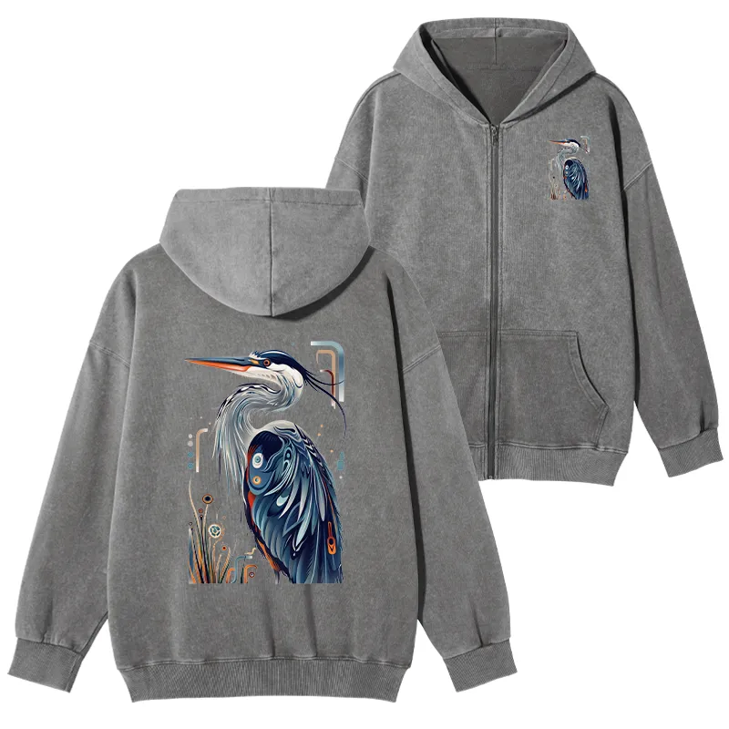Tokyo-Tiger Stylish Blue Heron Washed Zip Hoodie