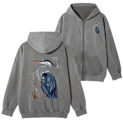 Tokyo-Tiger Stylish Blue Heron Washed Zip Hoodie