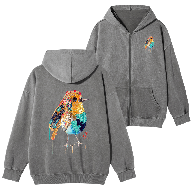 Tokyo-Tiger Sparkly Wild Bird Washed Zip Hoodie