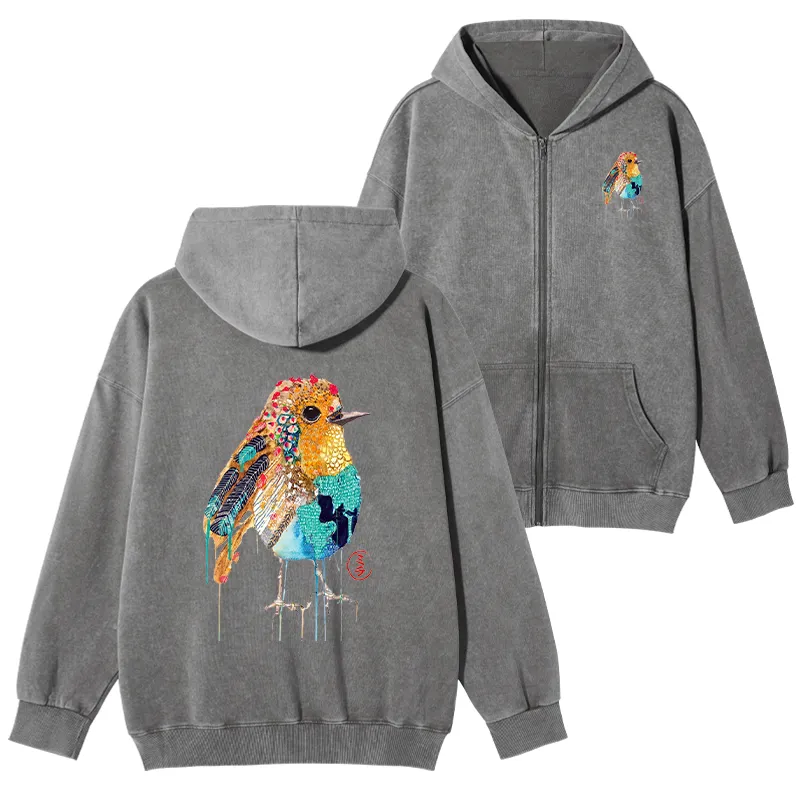 Tokyo-Tiger Sparkly Wild Bird Washed Zip Hoodie
