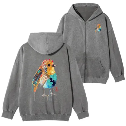 Tokyo-Tiger Sparkly Wild Bird Washed Zip Hoodie
