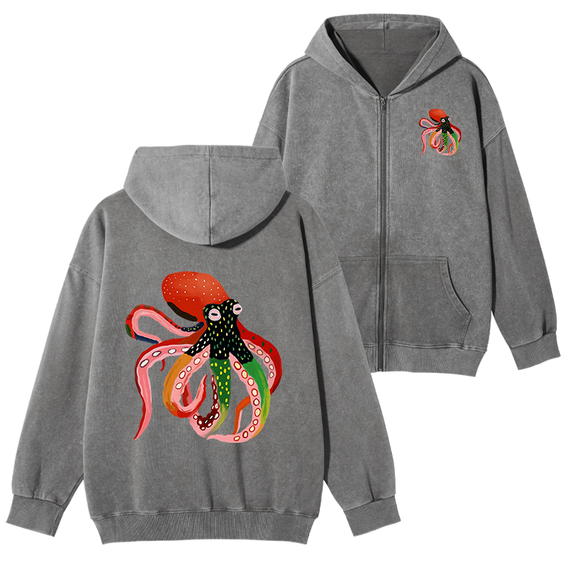 Tokyo-Tiger Colorful Octopus Art Washed Zip Hoodie