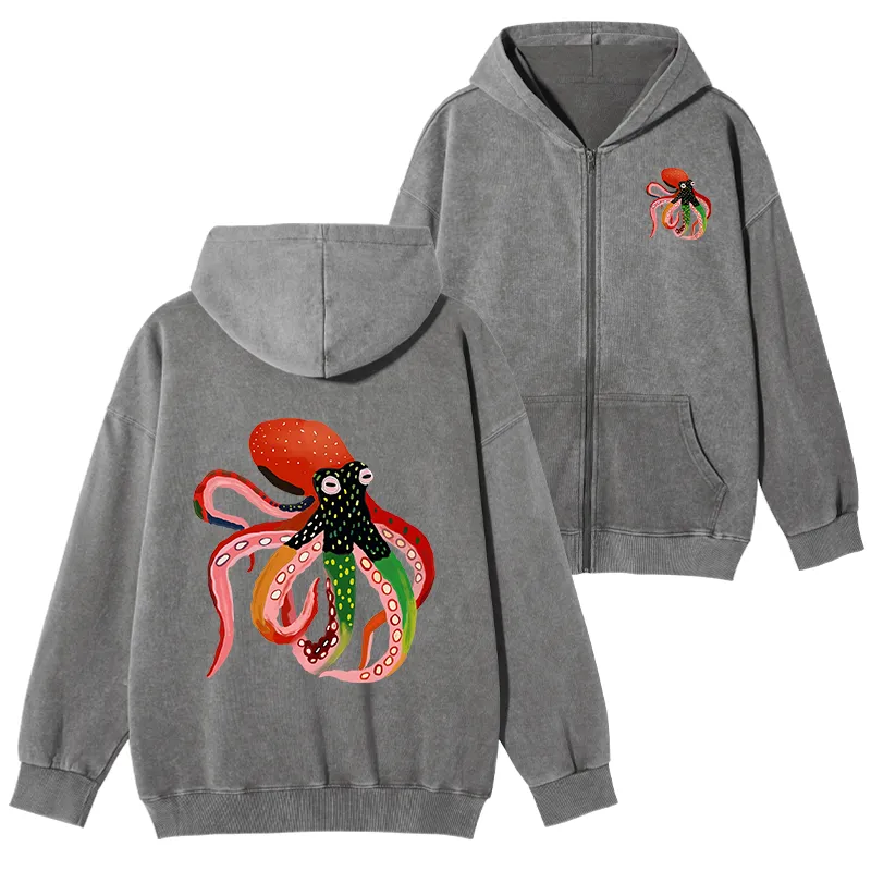 Tokyo-Tiger Colorful Octopus Art Washed Zip Hoodie