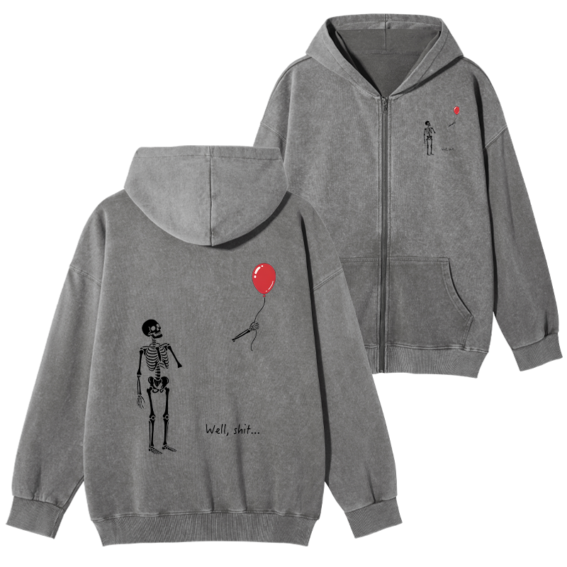 Tokyo-Tiger Skeleton Balloon Meme Washed Zip Hoodie