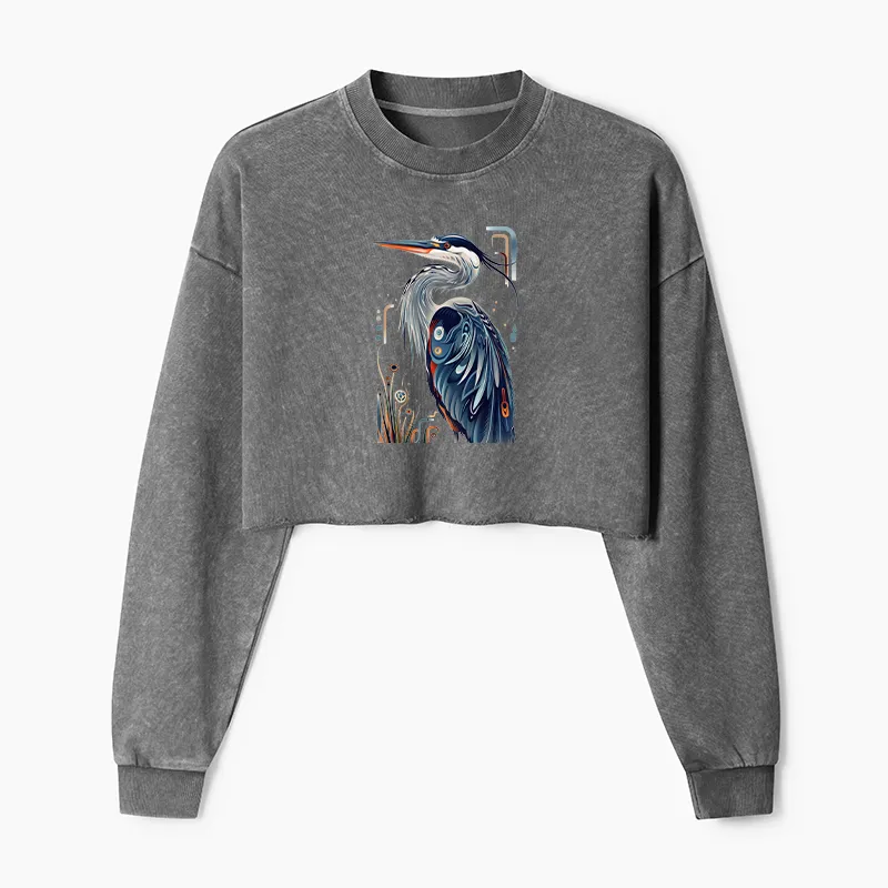 Tokyo-Tiger Stylish Blue Heron Washed Crop Sweatshirt