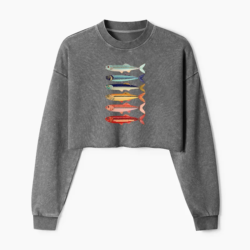 Tokyo-Tiger Colorful Fish Stack Washed Crop Sweatshirt Sale
