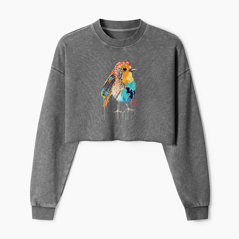 Tokyo-Tiger Sparkly Wild Bird Washed Crop Sweatshirt