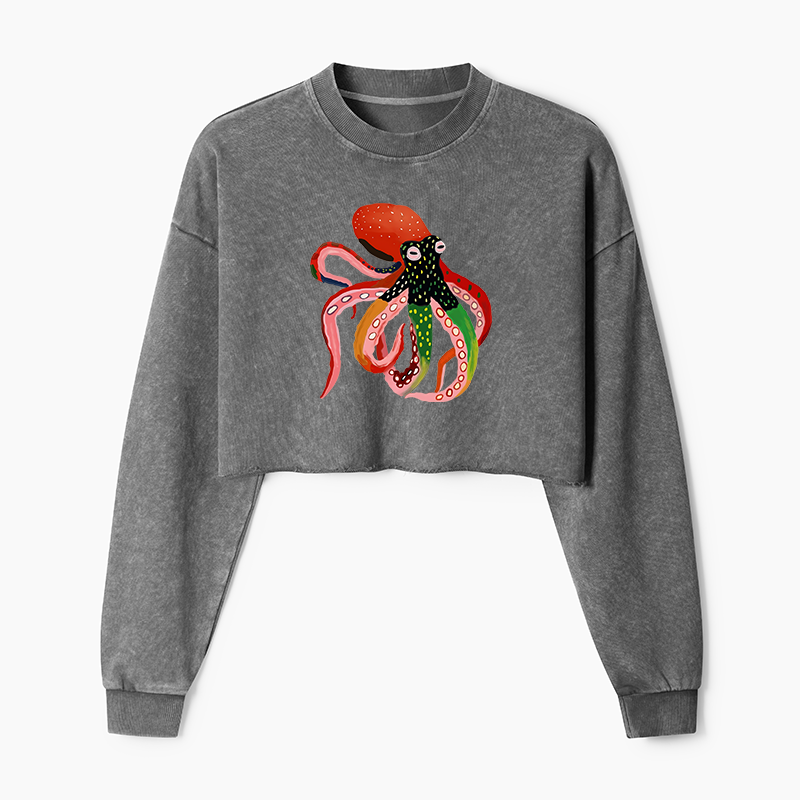 Tokyo-Tiger Colorful Octopus Art Washed Crop Sweatshirt