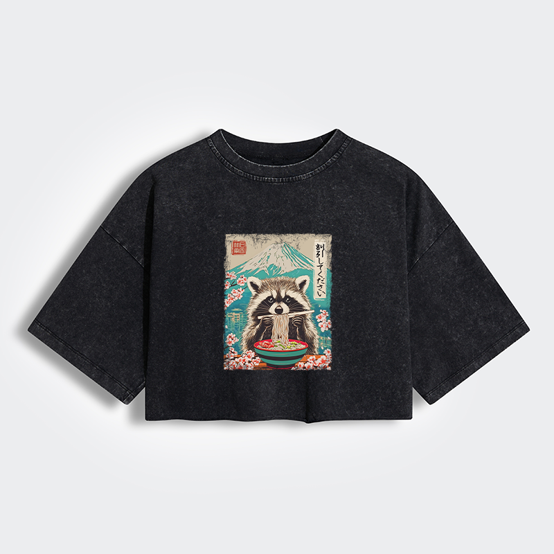 Tokyo-Tiger Please Give Raccoon A Discount Women's Washed Crop T-Shirt