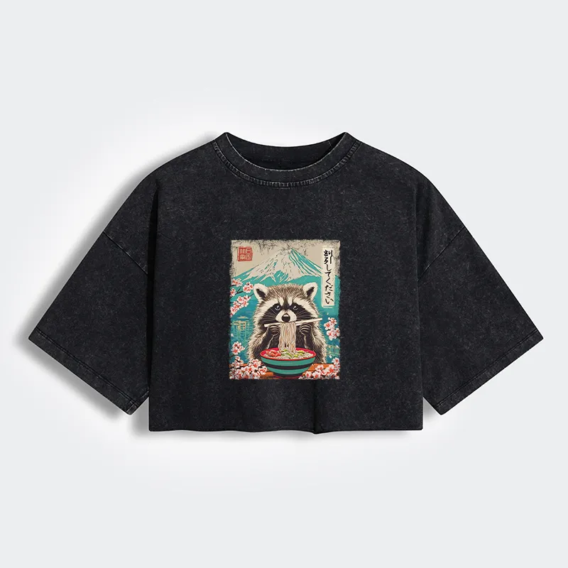 Tokyo-Tiger Please Give Raccoon A Discount Women's Washed Crop T-Shirt Sale