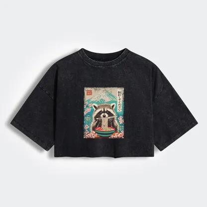 Tokyo-Tiger Please Give Raccoon A Discount Women's Washed Crop T-Shirt